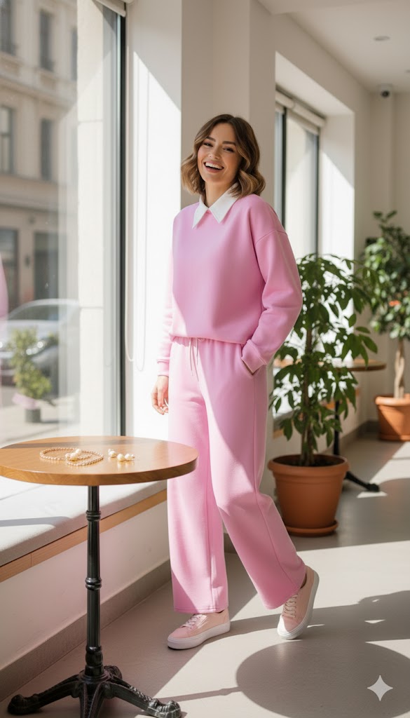 Bubblegum Pink Collared Sweatshirt & Wide-Leg Coord Set - Preppy Comfort