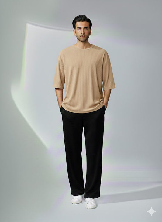 Chill Mode – Relaxed Oversized Tee & Trouser Set - BEIGE/ BLACK