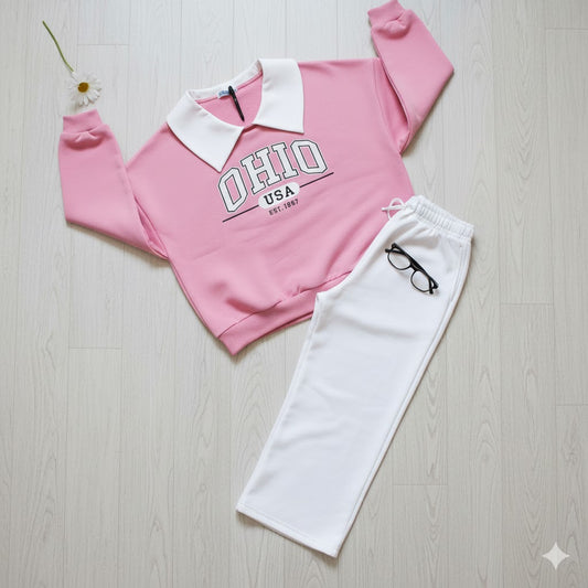 “OHIO USA” Fleece Collar Sweatshirt & White Wide Leg Trouser Co-ord Set