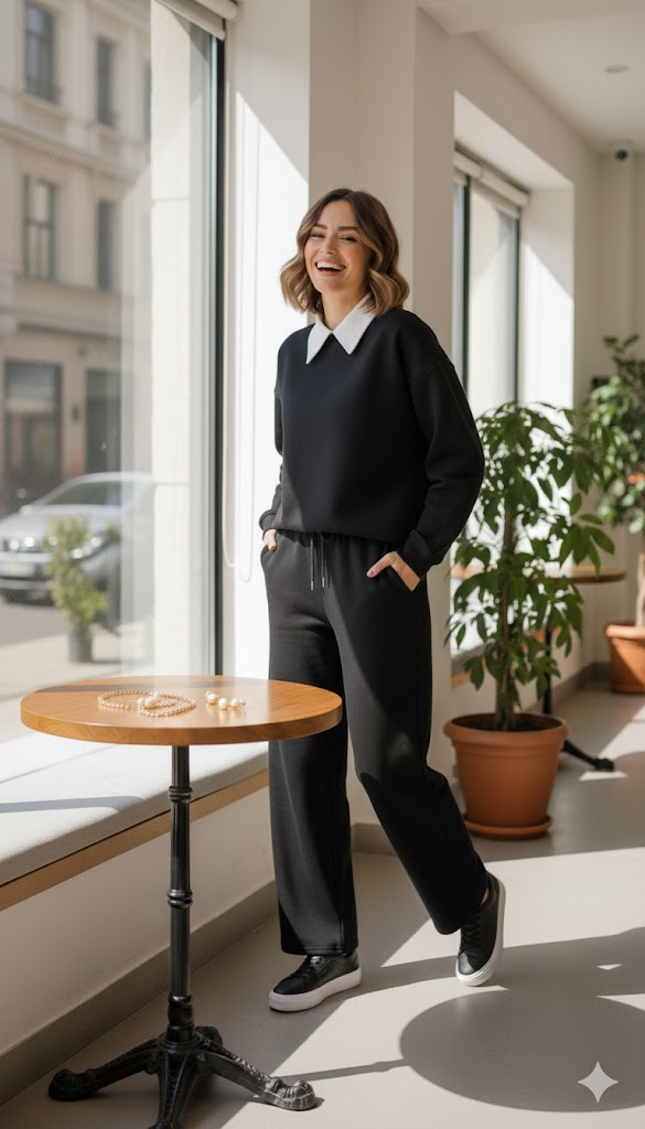 Effortless Elegance: Black Collared Sweatshirt & Wide-Leg Sweat Trouser Set