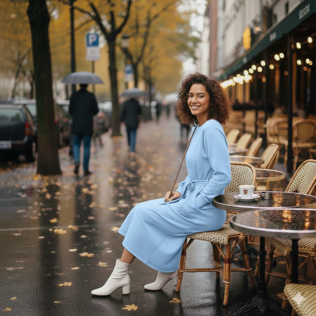 Chic Sky Blue Longline Belted Sweatshirt With Side Pockets