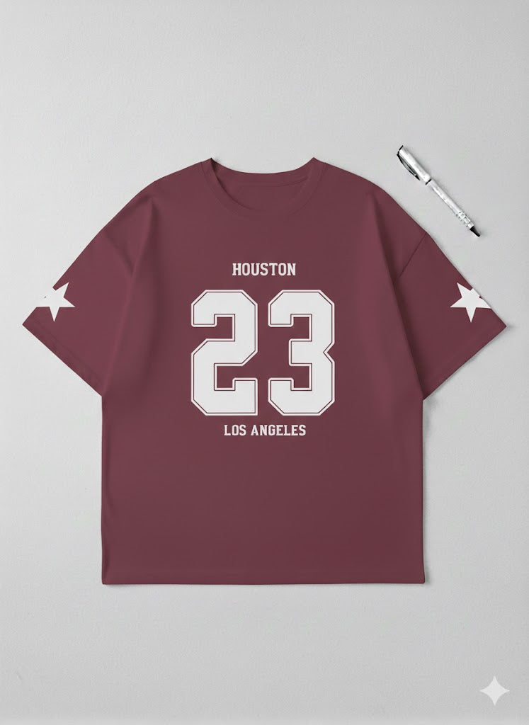 Urban Edge Maroon Oversized Graphic Tee – "Houston 23" Drop-Shoulder Streetwear T-Shirt