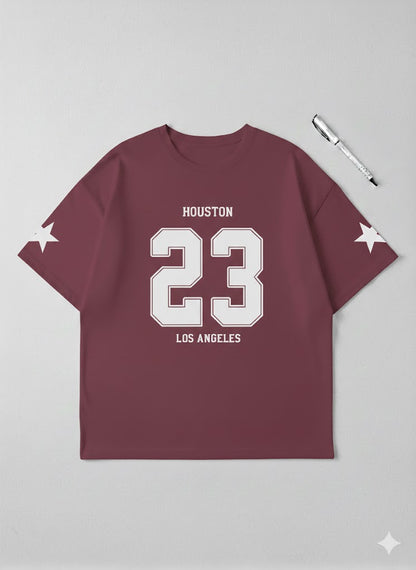 Urban Edge Maroon Oversized Graphic Tee – "Houston 23" Drop-Shoulder Streetwear T-Shirt