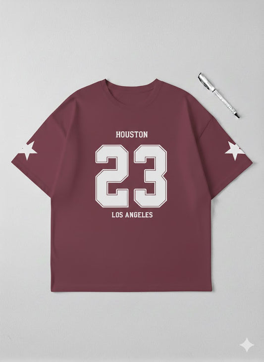 Urban Edge Maroon Oversized Graphic Tee – "Houston 23" Drop-Shoulder Streetwear T-Shirt