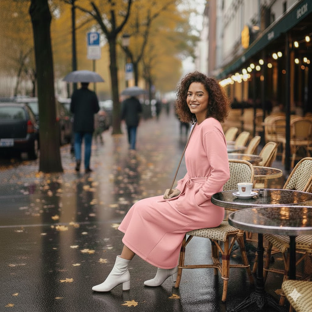 Chic Baby Pink Longline Belted Sweatshirt With Side Pockets