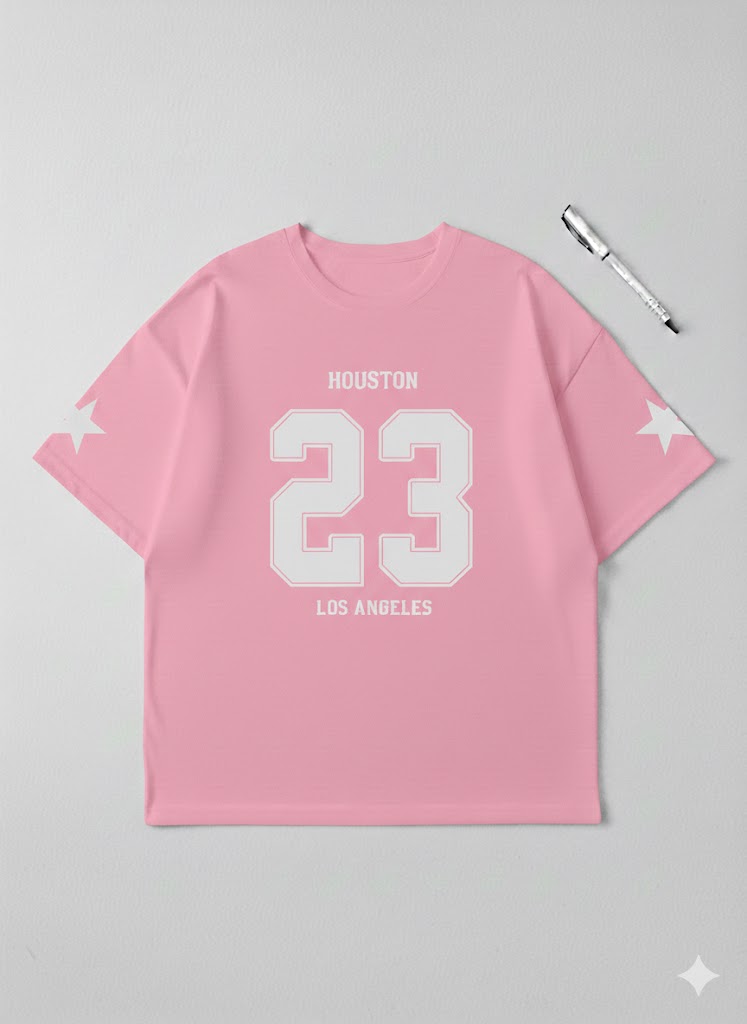 Urban Edge Pink Oversized Graphic Tee – "Houston 23" Drop-Shoulder Streetwear T-Shirt