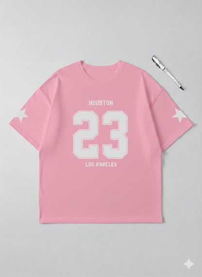 Urban Edge Pink Oversized Graphic Tee – "Houston 23" Drop-Shoulder Streetwear T-Shirt