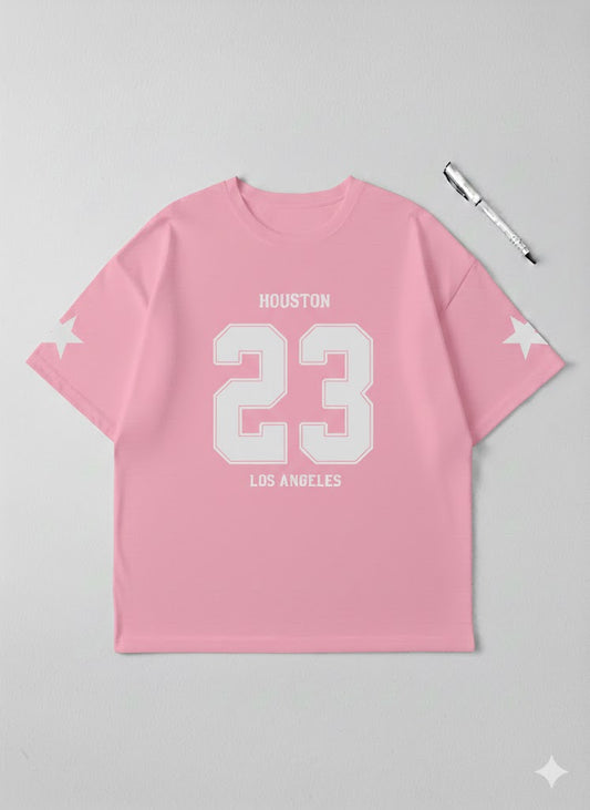 Urban Edge Pink Oversized Graphic Tee – "Houston 23" Drop-Shoulder Streetwear T-Shirt