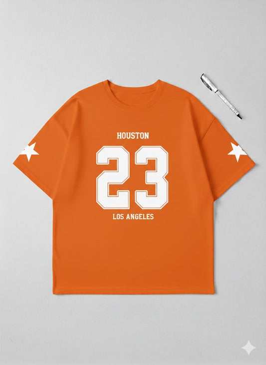 Urban Edge Orange Oversized Graphic Tee – "Houston 23" Drop-Shoulder Streetwear T-Shirt