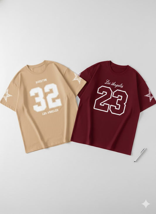Urban Varsity Bundle – Set of 2 Oversized Graphic Tees (Beige & Maroon) | Drop-Shoulder Streetwear Pack