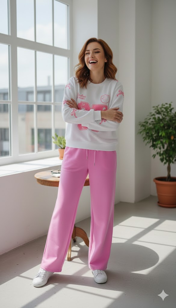 White Graphic Sweatshirt & Pink Wide-Leg Trouser Set