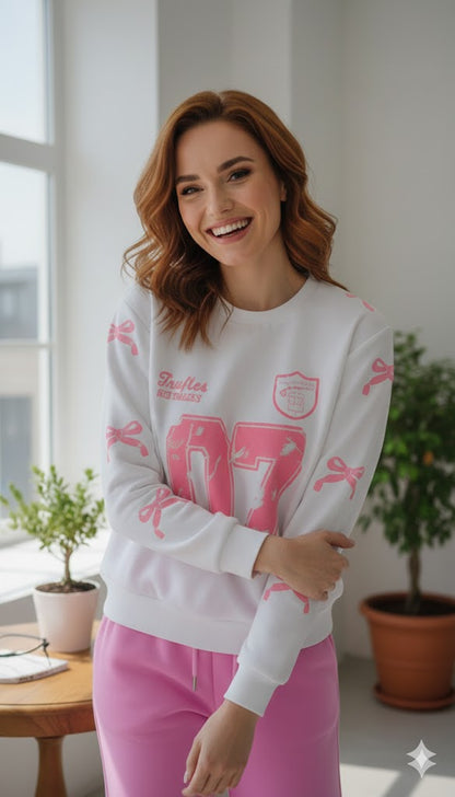 White Graphic Sweatshirt & Pink Wide-Leg Trouser Set