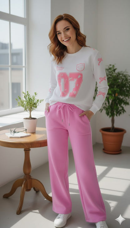 White Graphic Sweatshirt & Pink Wide-Leg Trouser Set