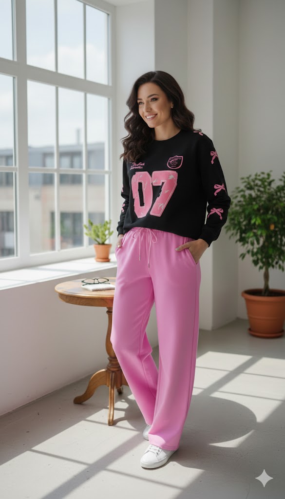 Black Winter '07' Graphic Sweatshirt & Bubblegum Pink Wide-Leg Trousers