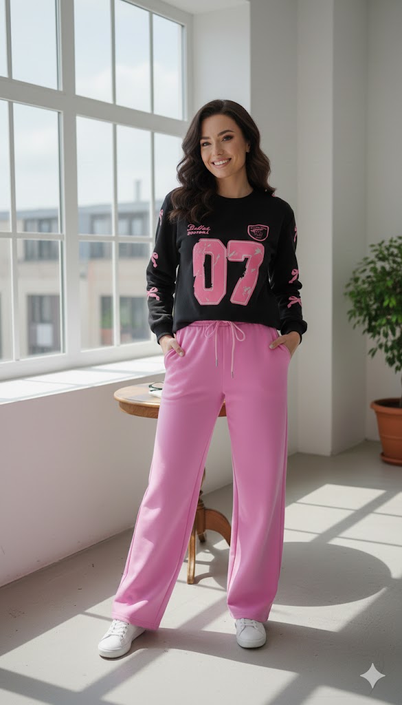 Black Winter '07' Graphic Sweatshirt & Bubblegum Pink Wide-Leg Trousers