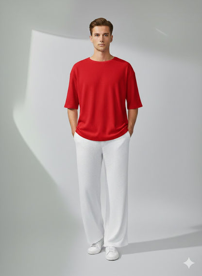 Chill Mode – Relaxed Oversized Tee & Trouser Set - RED/WHITE