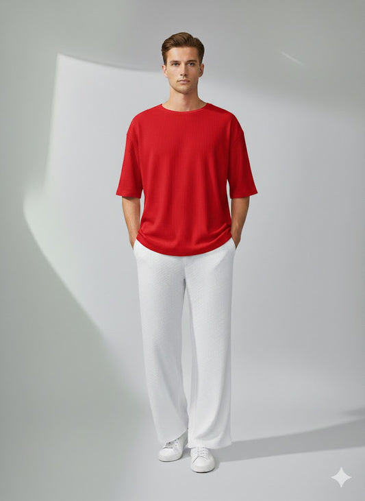 Chill Mode – Relaxed Oversized Tee & Trouser Set - RED/WHITE