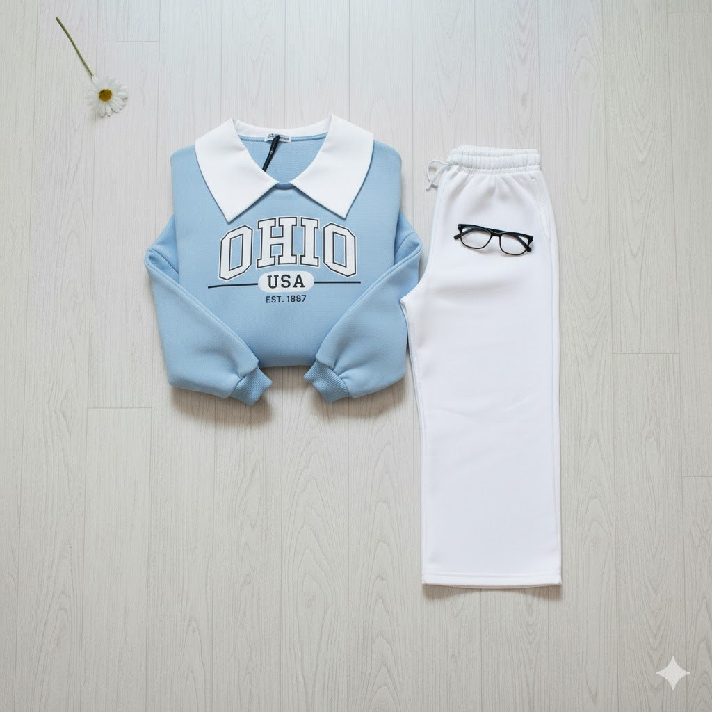 “OHIO USA” Fleece Collar Sweatshirt & White Wide Leg Trouser Co-ord Set