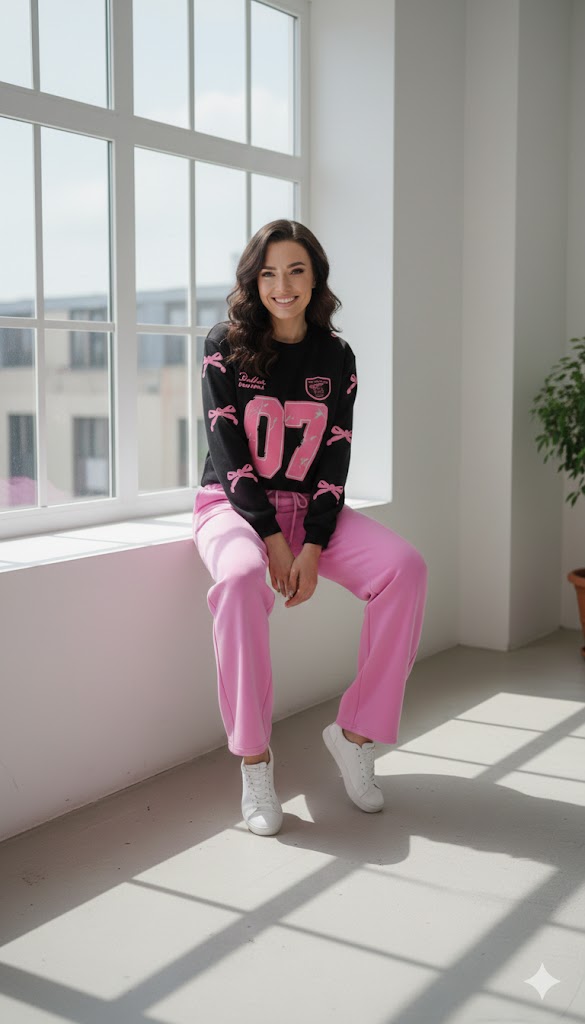 Black Winter '07' Graphic Sweatshirt & Bubblegum Pink Wide-Leg Trousers