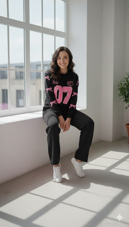 Black Cozy Vibe Graphic Sweatshirt & Wide-Leg Sweat Trouser Set