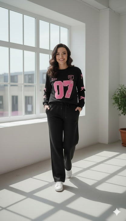 Black Cozy Vibe Graphic Sweatshirt & Wide-Leg Sweat Trouser Set