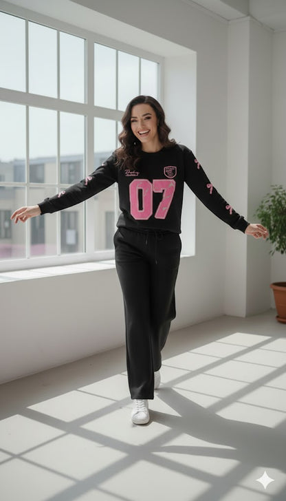 Black Cozy Vibe Graphic Sweatshirt & Wide-Leg Sweat Trouser Set