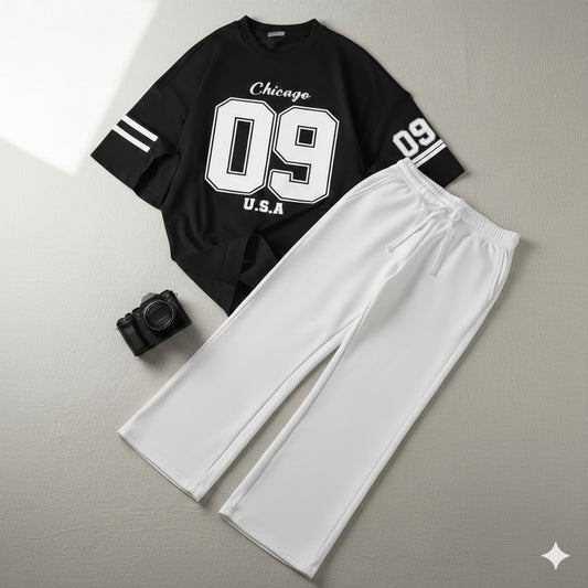 09 Printed Drop Shoulder Graphic Tee & White Wide-Leg Trouser Set