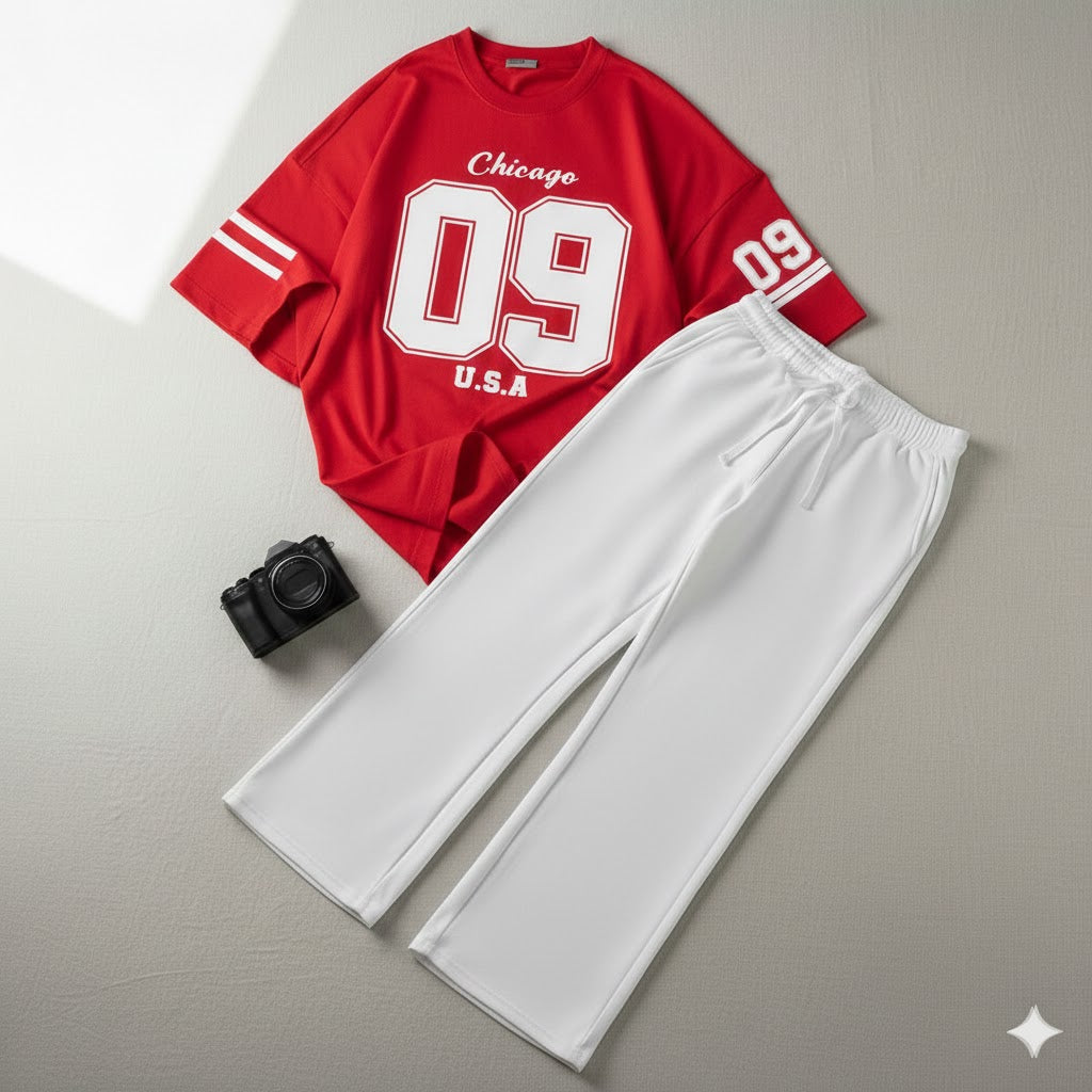 09 Printed Drop Shoulder Graphic Tee & White Wide-Leg Trouser Set