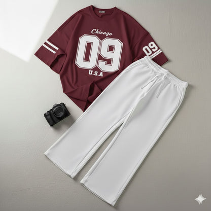 09 Printed Drop Shoulder Graphic Tee & White Wide-Leg Trouser Set