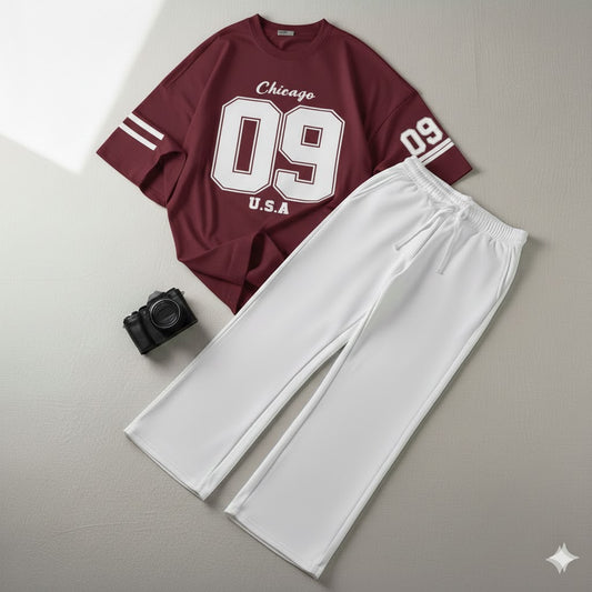 09 Printed Drop Shoulder Graphic Tee & White Wide-Leg Trouser Set