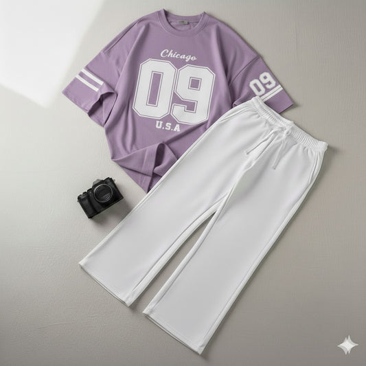 Urban Lilac 09 Drop Shoulder Graphic Tee & White Wide-Leg Trouser Set