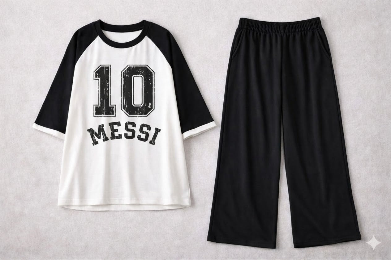 Title: Retro Varsity Raglan & Black Wide-Leg Trouser Lounge Coord Set