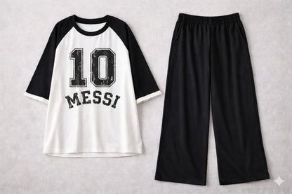 Title: Retro Varsity Raglan & Black Wide-Leg Trouser Lounge Coord Set
