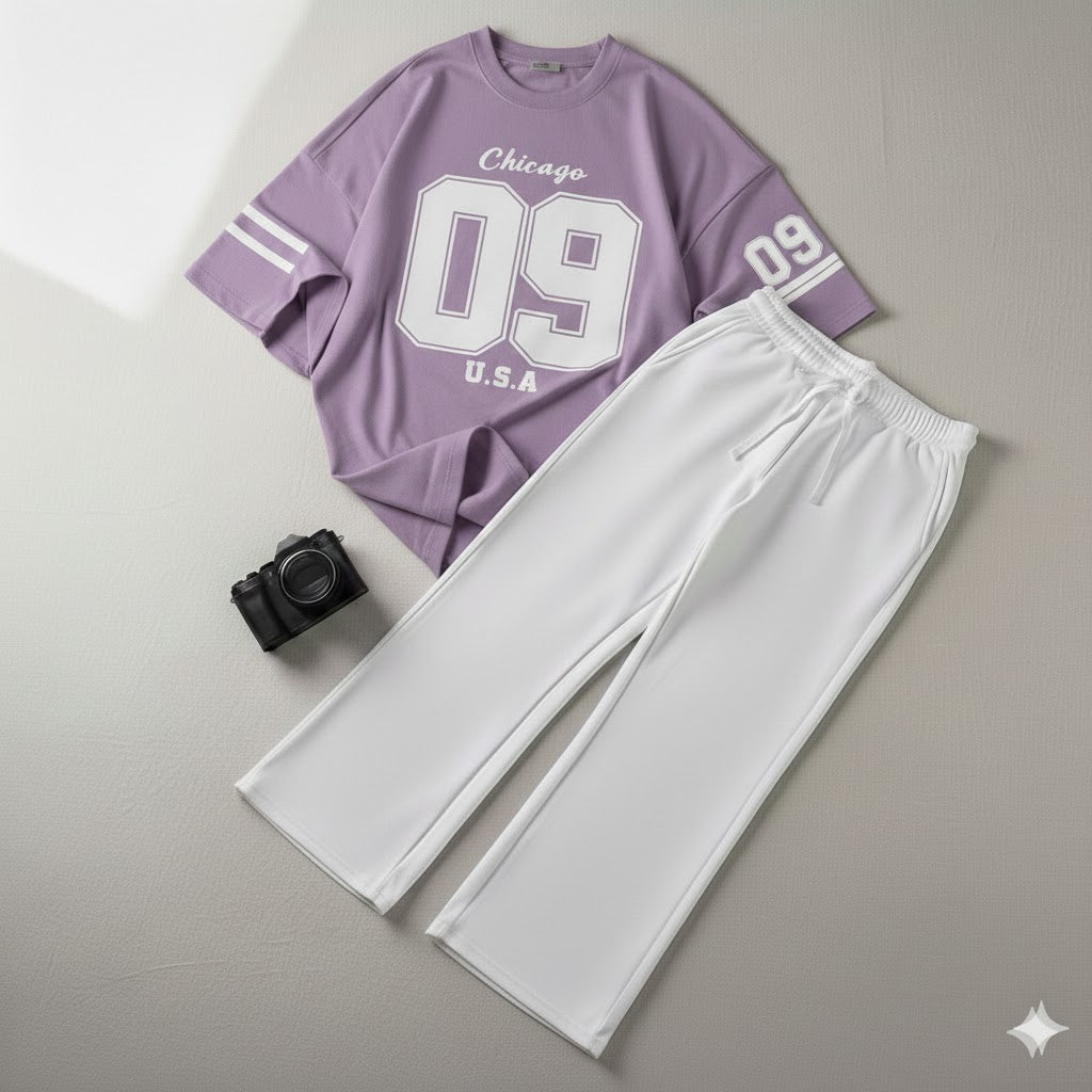 09 Printed Drop Shoulder Graphic Tee & White Wide-Leg Trouser Set