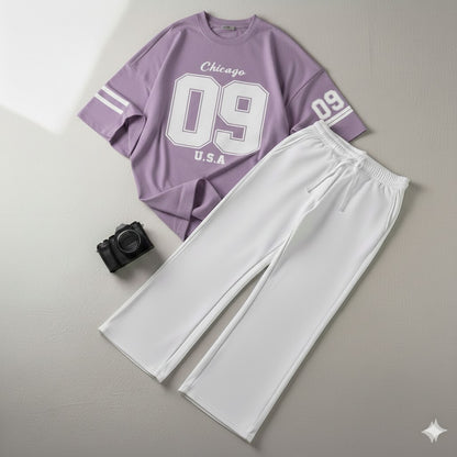 09 Printed Drop Shoulder Graphic Tee & White Wide-Leg Trouser Set