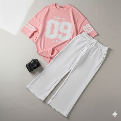 Urban Pink 09 Drop Shoulder Graphic Tee & White Wide-Leg Trouser Set