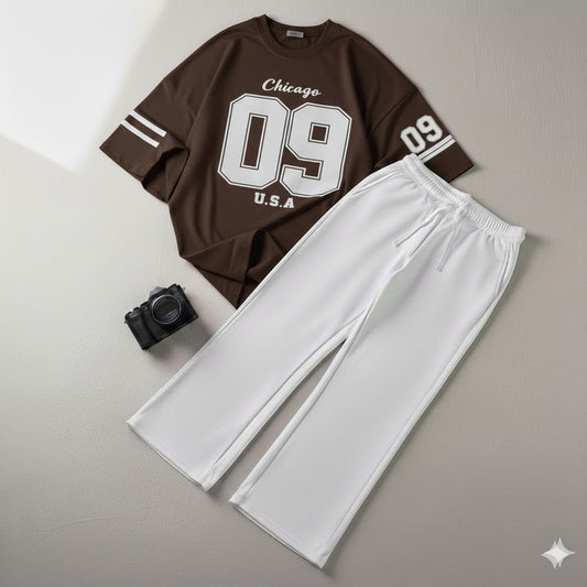 Urban Brown 09 Drop Shoulder Graphic Tee & White Wide-Leg Trouser Set