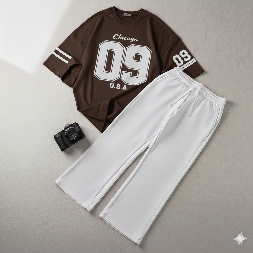 09 Printed Drop Shoulder Graphic Tee & White Wide-Leg Trouser Set