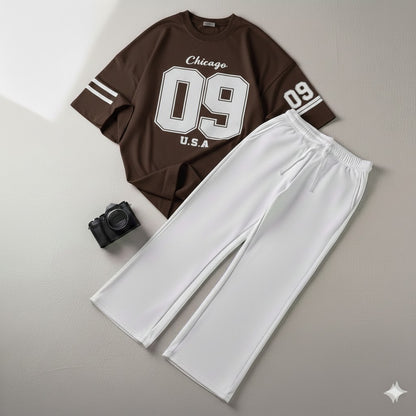 09 Printed Drop Shoulder Graphic Tee & White Wide-Leg Trouser Set