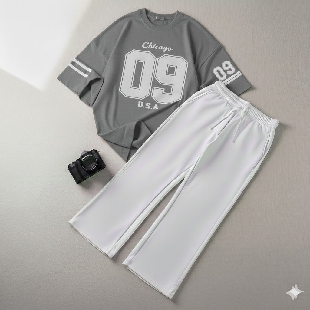 Urban Steel Grey Drop Shoulder Graphic  Chicago 09 Tee & White Wide-Leg Trouser Baggy Set