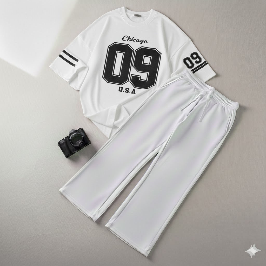 Urban White 09 Drop Shoulder Graphic Tee & White Wide-Leg Trouser Set