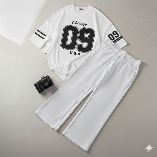 Urban White 09 Drop Shoulder Graphic Tee & White Wide-Leg Trouser Set