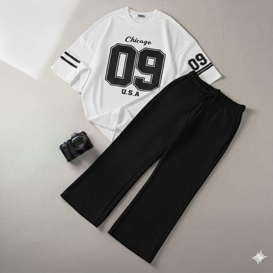 Urban White Drop Shoulder Graphic  Chicago 09 Tee & Black Wide-Leg Trouser Baggy Set