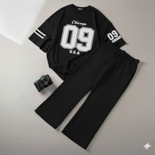 Urban Black Drop Shoulder Graphic  Chicago 09 Tee & Black Wide-Leg Trouser Baggy Set