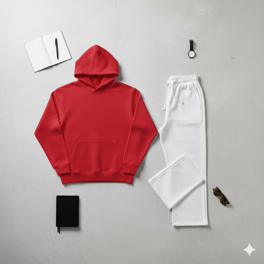 Cozy Red Hoodie & Classic White Wide-Leg Trouser Set
