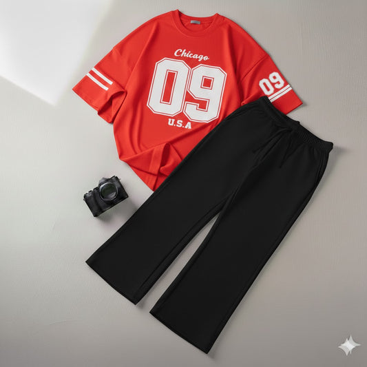 Urban Red Drop Shoulder Graphic  Chicago 09 Tee & Black Wide-Leg Trouser Baggy Set