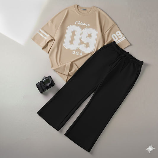 Urban Beige Drop Shoulder Graphic  Chicago 09 Tee & Black Wide-Leg Trouser Baggy Set