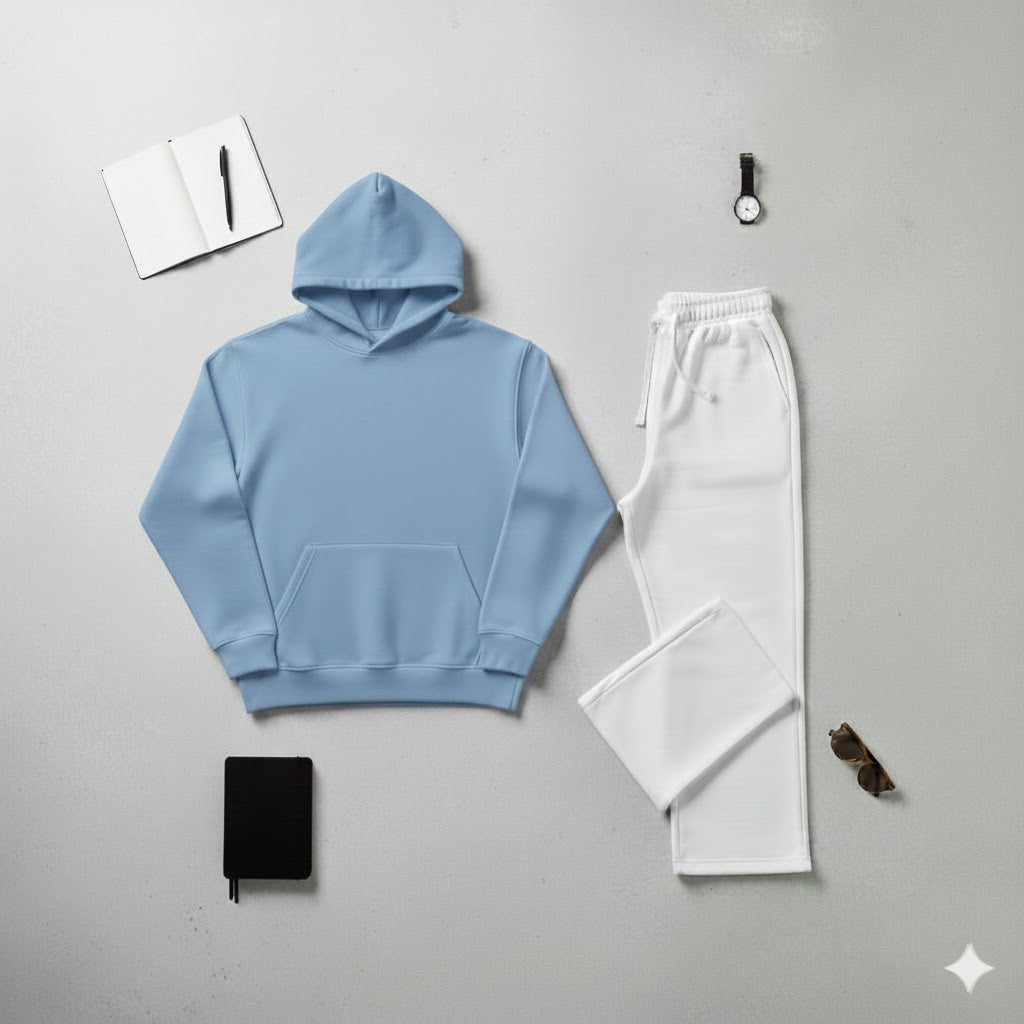 Cozy Sky Blue Hoodie & Classic White Wide-Leg Trouser Set