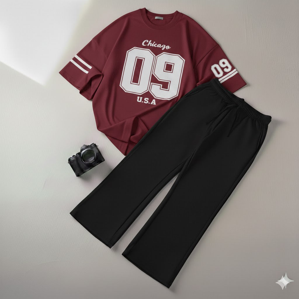 Urban Maroon Drop Shoulder Graphic  Chicago 09 Tee & Black Wide-Leg Trouser Baggy Set