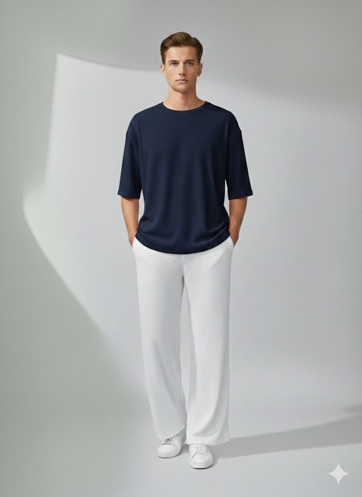 Chill Mode – Relaxed Oversized Tee & Trouser Set - NAVY BLUE/WHITE